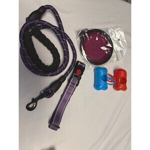 Dream Amour 5pc Dog Set  purple collar, leach, water bowl  &2 bag holders New
